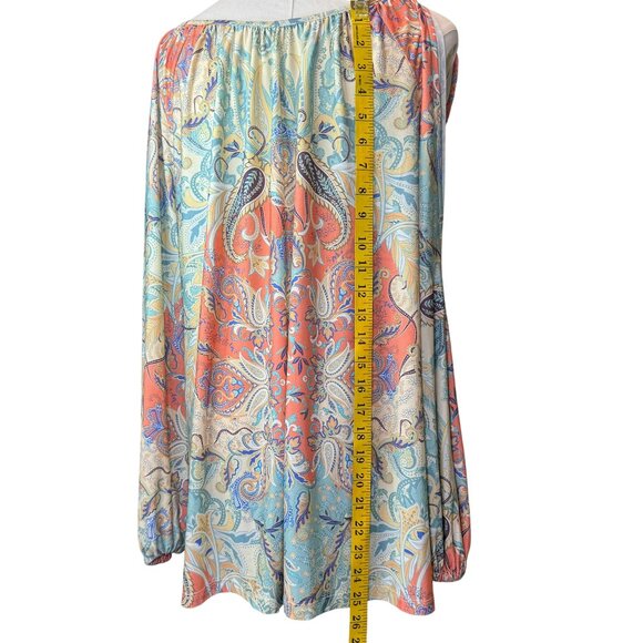 Boston Proper Boho Paisley Off Shoulder Peasant Blouse L Long Sleeve Tie Strap - Picture 2 of 7